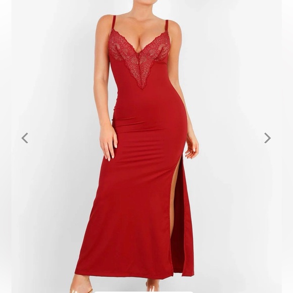 Popilush Dresses & Skirts - POPILUSH Shapewear⏳ Lace V Neck Side Slit Slimming Maxi Slip Dress NWT